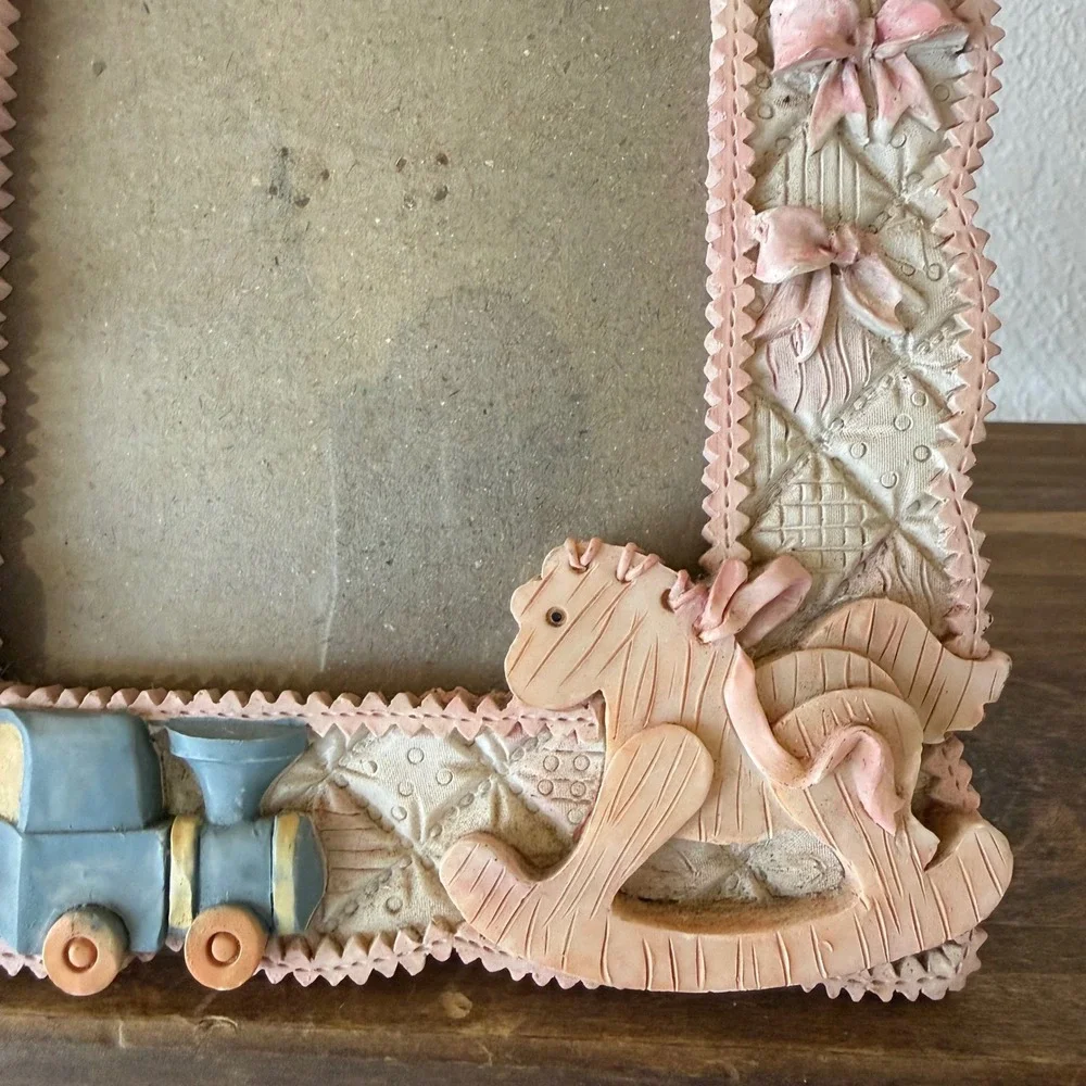 Vintage Baby Picture Frame 3D Giraffe Train Rocking Horse Pastel Nursery Decor